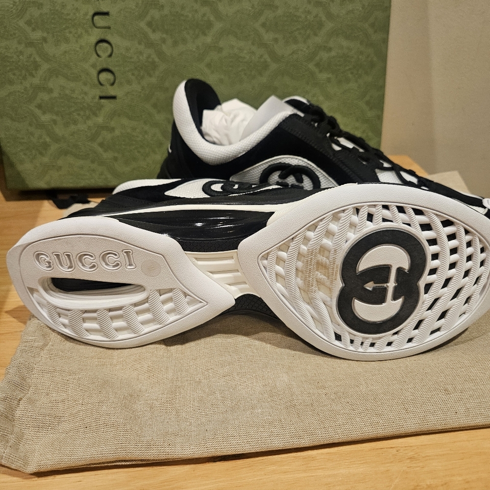 Gucci Run Sneakers Black White Suede Mesh GG Size UK 11 - Picture 5 of 8